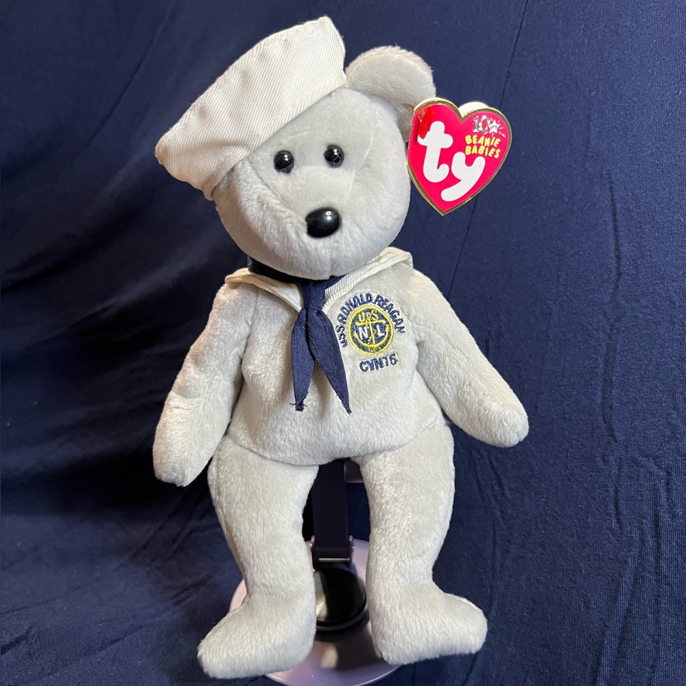 NWT - CVN 76 - USS RONALD REAGAN - Ty Beanie Babies Navy Gray Sailor Bear